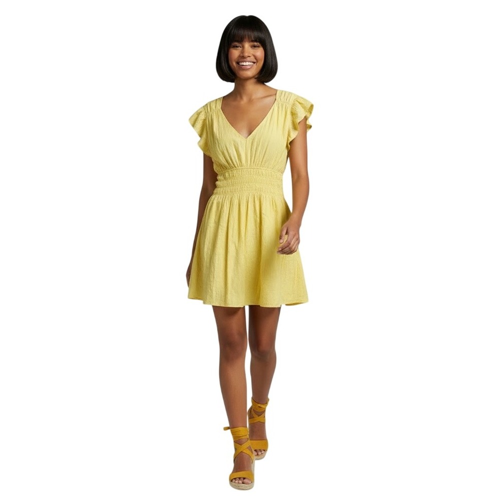 AUR SOCIETY Smocked Waist Flutter Sleeve Mini Dress L Yellow Cottagecore Casual